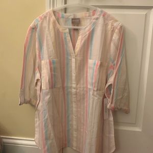 NWT Chico’s Summer Fun Pink Stripe Lurex 3/4 Sleeve Shirt- Size 3 (XL)